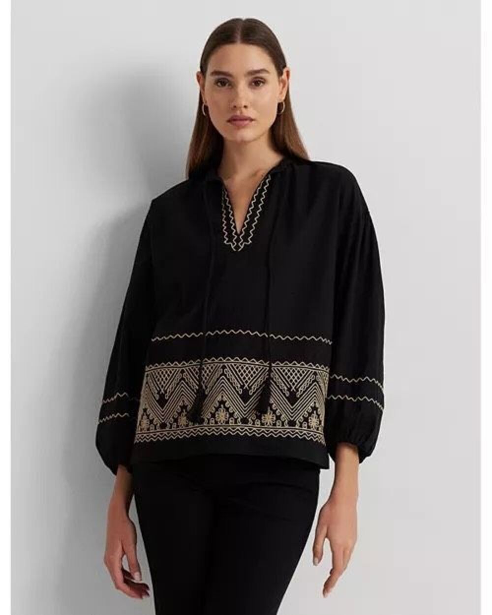 Lauren Ralph Lauren Embroidered Cotton Tassel Top Blouse New Medium